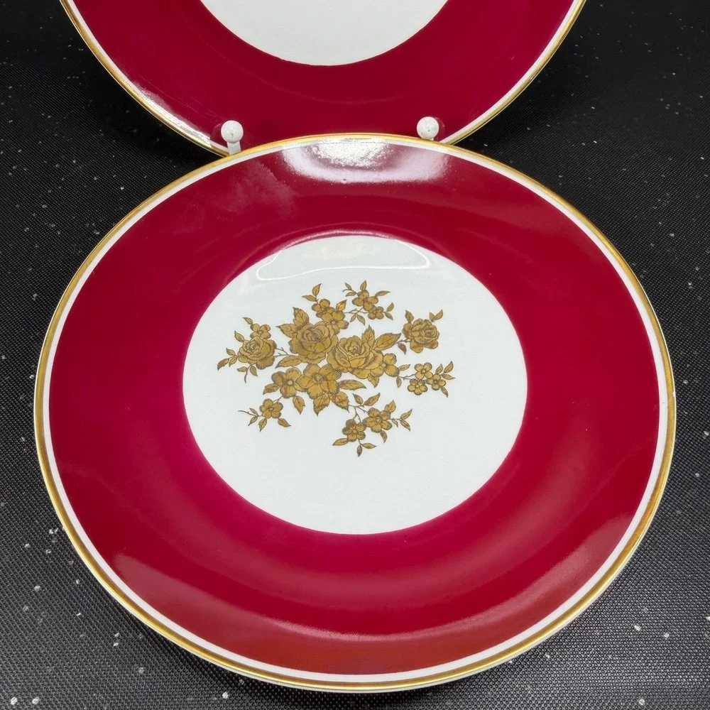 Lichte Fine China Riga Salad Plates Set 4 Red Gold Floral Germany 7 inch Vintage